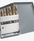 Open metal case showing Heavy Duty TiN Coated High Speed Steel Jobber Length Drill Bit And Tap Set, 18-Piece, 9 drills and taps