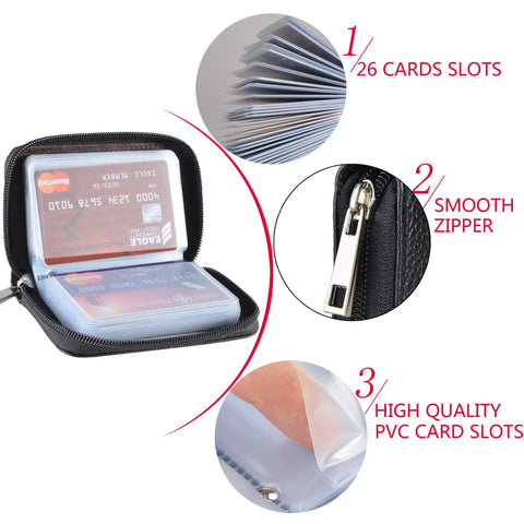 Open Genuine Leather Card Holder With Zipper Wallet for 26 Cards showing PVC slots, smooth zipper, and card storage view