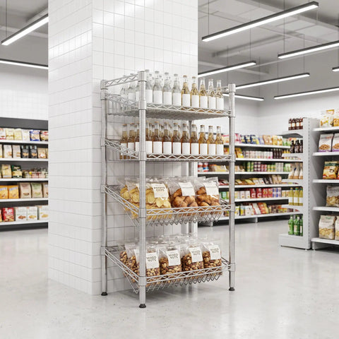 4 Tier Adjustable Wire Shelving Rack Built Tough As Nails For Ridiculously Sturdy Versatile Indoor Storage with snacks and drinks.