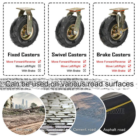 Heavy Duty Air Filled Pneumatic Rubber Casters Swivel And Fixed With Locking Brake dual ball bearing displayed with usage on various road surfaces.