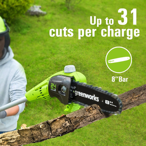 Cordless 24V Polesaw And Hedge Trimmer Combo Kit With 8 Inch Polesaw Bar In Use Pruning Branch On Green Background