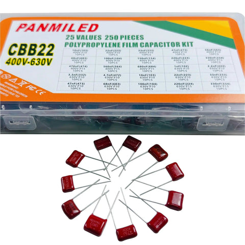 Must Have CBB22 Metallized Polypropylene Film Capacitor Kit, 400V And 630V, 25 Values, 250 Pieces, in plastic box with red capacitors