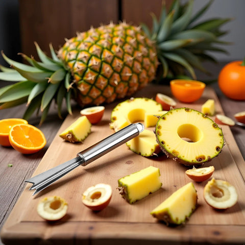 V Shape Pineapple Eye Remover Tool with multipurpose clip peeler on cutting board with sliced pineapple and fruits