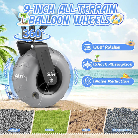 All Terrain Beach Wagon With 9 Inch Inflatable Tires, Heavy Duty Foldable Cart For Sand, 360-degree wheel rotation