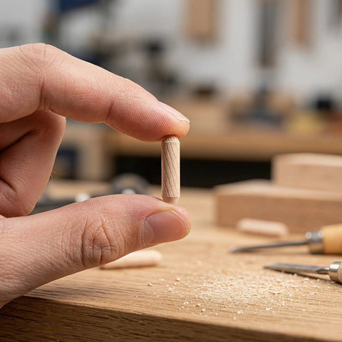 Hand holding a single piece of 100 Piece Wood Dowels 6x30mm Fluted Dowel Pins With Beveled Ends Sanded Smooth and Splinter Free
