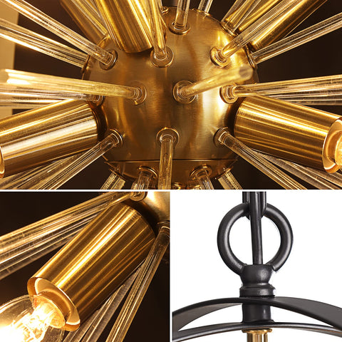 Close-up of gold and black 6 light Sputnik globe chandelier with rotatable spheres showing detailed metalwork.