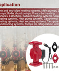 Heavy Duty Hot Water Circulator Pump With Three Adjustable Speeds For Residential Boilers And Plumbing Systems, showing red cast iron pump with accessories.