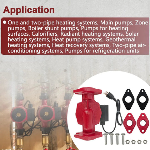 Heavy Duty Hot Water Circulator Pump With Three Adjustable Speeds For Residential Boilers And Plumbing Systems, showing red cast iron pump with accessories.