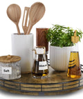Round 12 Inch Wooden Turntable Organizer For Kitchen Cabinets And Countertops 360 Degree Smooth Rotation with condiments and plants