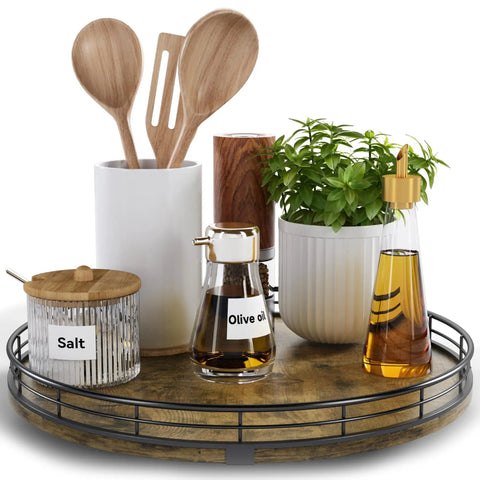 Round 12 Inch Wooden Turntable Organizer For Kitchen Cabinets And Countertops 360 Degree Smooth Rotation with condiments and plants