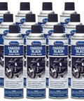 Heavy Duty Black Gloss Automotive Frame And Suspension Spray Paint Aerosol 14 Oz 12 Pack displayed in a row for trucks and SUVs.