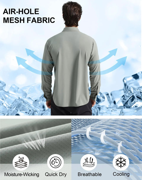 Back view of Men's Long Sleeve Sun Protection Shirt Built For Fishing Trips And Outdoor Adventures With UPF 50 Plus Quick Dry Mesh Fabric Button Down SPF Shirt For Hiking Camping Safari Gray Green.