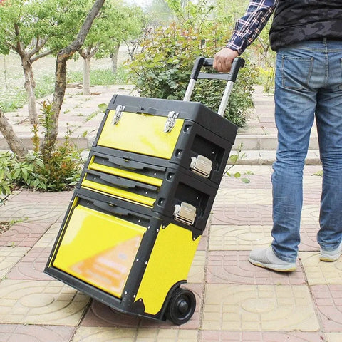 Person pulling On The Go Stackable Toolbox With Rolling Wheels And Comfort Grip Handle, Large Capacity Storage System