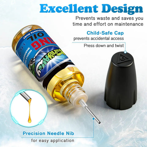 Close-up of 2 Oz Fishing Reel Oil Lubricant Set for Freshwater and Saltwater Reels with precision needle tip and child-safe cap
