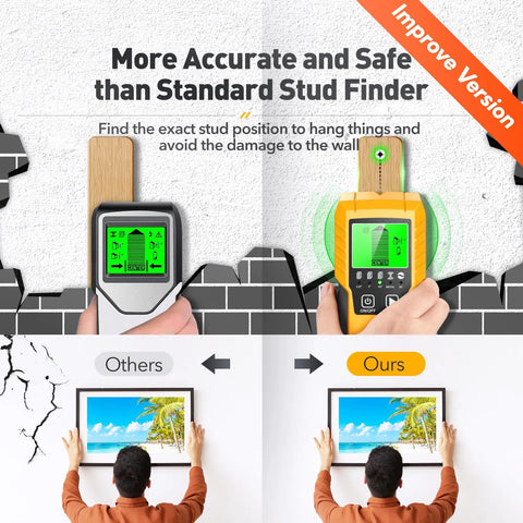 Person using 5 In 1 Wall Scanner And Stud Locator For Wood And Metal, shows accurate detection of studs and live wires