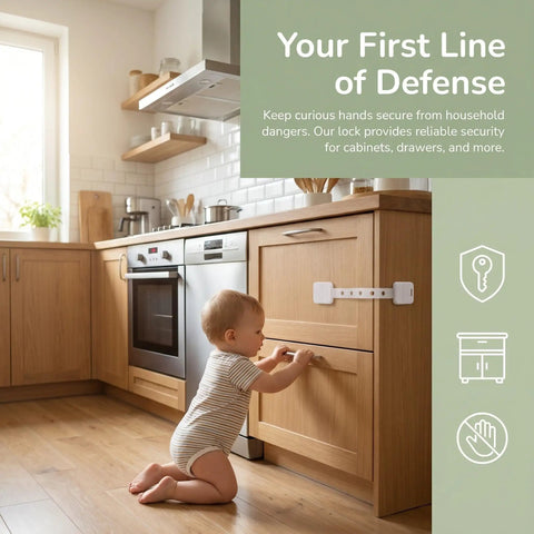 Adhesive Baby Locks With Key For Cabinets And Drawers, installed on kitchen drawer, preventing child access, child safety proofing straps