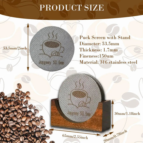 Two Pack 53.5mm Espresso Puck Screen With Stand Reusable Coffee Filter For 54mm Portafilter 316 Stainless Steel 150 Micron Thickness 1.7mm Dope Espresso Machine Accessory For Cleaner More Even Extraction