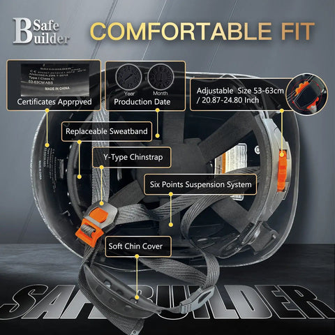 Interior view of a Construction Safety Helmet ABS Hard Hat With Adjustable Ventilation System For Industrial Worksites showing suspension and chin strap.