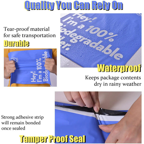 10x13 Inch Biodegradable D2W Poly Mailers 50 Pack Blue Compostable Shipping Bags with waterproof and tamper-proof features shown