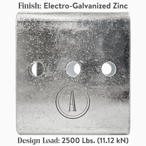 Front view of Beefy Beam Channel Trolley Track Hanger And Joiner Connector Bracket, zinc plated, electro-galvanized steel with 2500 lbs load