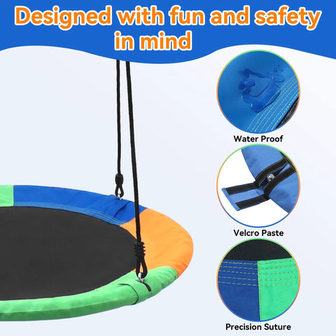 Kids 40 Inch Round Tree Swing Seat Multicolor Saucer Style Outdoor Swing for Backyard Play with features highlighted