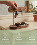 Lux Walnut Wave Entryway Organizer With Four Gold Hooks And Valet Tray For Keys Jewelry And Accessories on table