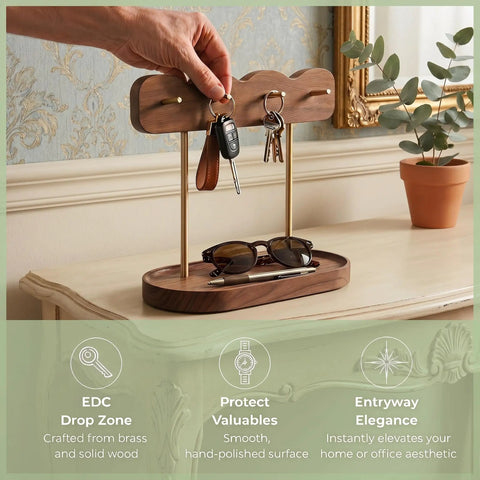 Lux Walnut Wave Entryway Organizer With Four Gold Hooks And Valet Tray For Keys Jewelry And Accessories on table