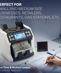 High Speed Cash Counter Machine For Mixed Denominations And Bills Up To 1500 Notes Per Minute With Advanced UV MG IR Sensor Technology on desk.