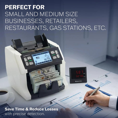 High Speed Cash Counter Machine For Mixed Denominations And Bills Up To 1500 Notes Per Minute With Advanced UV MG IR Sensor Technology on desk.