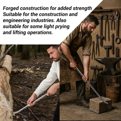 Two men using Heavy Duty 30 Inch Pry Bar With Seven Eighths Inch Diameter Chromium Alloy Steel Round Sleever Bar for prying and lifting.