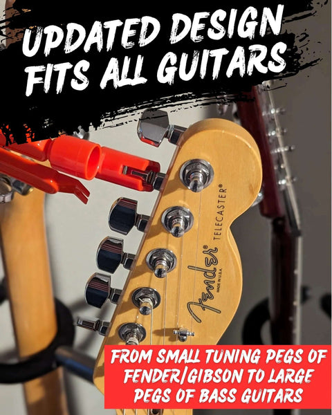 Front view of a Fender Telecaster headstock with a red 3-in-1 guitar string winder tool near the tuning pegs.