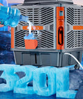Top Shelf Heavy Duty Portable Evaporative Air Cooler With Six Blade Turbine And 3000W Motor showing water being added, 320L capacity.