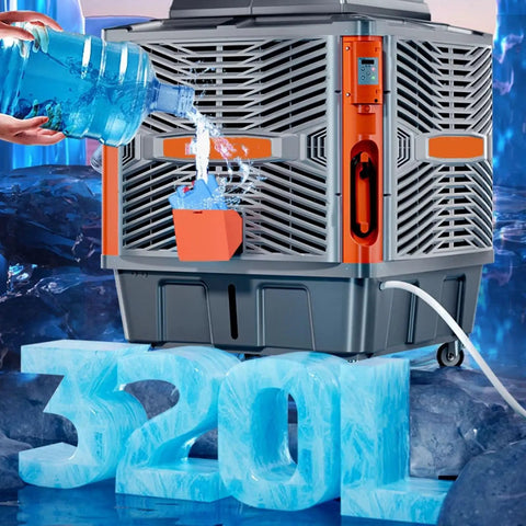 Top Shelf Heavy Duty Portable Evaporative Air Cooler With Six Blade Turbine And 3000W Motor showing water being added, 320L capacity.