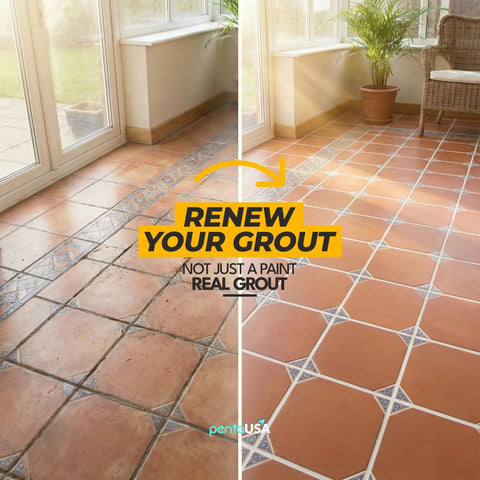 Before and after using White Premixed Acrylic Sanded Grout Repair Kit With Applicator on floor tiles in a sunlit room.