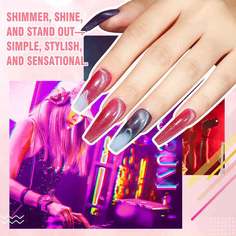 Close-up of nails using Cat Eye Gel Nail Polish Set With Magnetic Kit, 12 Colors 5ml Bottles, Shimmer Glitter Gel Polish