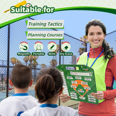 Baseball Lineup Board for Dugout with Movable Lineup Cards and Marker Clipboard, held by a coach in a green outdoor setting.