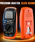 Front and back view of Digital Multimeter Voltage Tester 2000 Counts For ACDC Voltage, with backlit display and orange accents.