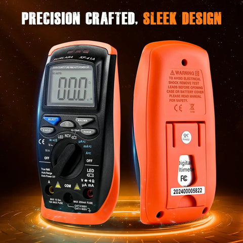 Front and back view of Digital Multimeter Voltage Tester 2000 Counts For ACDC Voltage, with backlit display and orange accents.