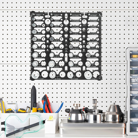 Front view of wall-mounted bolt thread gauge board with 55 sizes, standard and metric, plus drill-bit gauge.