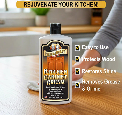 Kitchen Cabinet Creme Cleaner And Grease Remover For Wood Surfaces, No Fuss 16 Oz bottle on kitchen counter with label showing usage benefits.