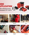 Red Wolf 175 Amp Battery Quick Connector And Jumper Cable Plug kit showcased in various applications like RV, winch, and boat.