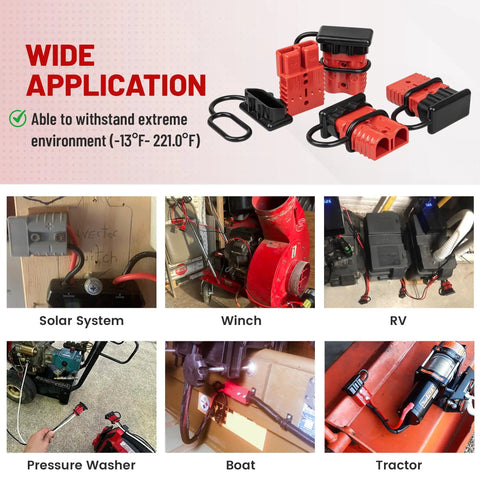 Red Wolf 175 Amp Battery Quick Connector And Jumper Cable Plug kit showcased in various applications like RV, winch, and boat.