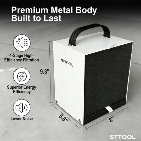 Low Power Solder Fume Extractor With 4 Layer Filtration, Portable Smoke Purifier for Soldering Stations, shown with measurements
