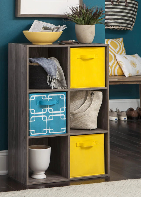 6 Cube Storage Organizer With Vertical Or Horizontal Setup Easy Assembly Modular Cube Shelves in gray wood with colorful bins