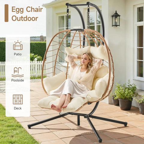 Two Person Egg Chair With Adjustable Footrest And Stand For Outdoor And Indoor Use Rattan Hammock Swing Loveseat With Cushions And Headrests 650 Lb Capacity Ideal For Patio Deck Or Bedroom Lounger For Ultimate Relaxation on patio