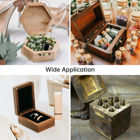 Image showcasing various wooden boxes utilizing the 24 Pack Of 4 Millimeter Polished Brass Miniature Barrel Hinges Featuring Hidden Magnetic Closure And Included Depth Stop Drill Bit For Fine Woodwork And Models Straight Up Solid.