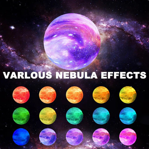Moon Lamp Galaxy Light 6 Inch With 16 Color LED 3D Moon Illusion showcasing various nebula effects in vibrant colors.