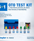 Heavy Duty Six In One Pool Test Kit For Total Chlorine And Bromine Plus Ph Acid And Base Demand Alkalinity With Over 100 Tests No Fuss Quick Readings So You Can Dive Right In including reagents and test tubes.