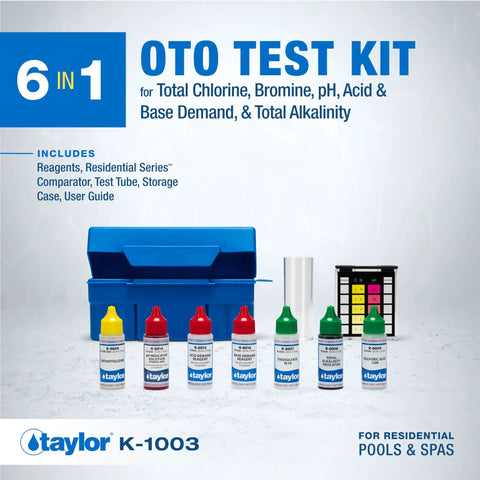 Heavy Duty Six In One Pool Test Kit For Total Chlorine And Bromine Plus Ph Acid And Base Demand Alkalinity With Over 100 Tests No Fuss Quick Readings So You Can Dive Right In including reagents and test tubes.