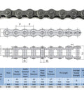 Technical diagram and specifications for Minibike Chain for Go Karts and Mini Bikes 41 Roller Chain 10 Feet With Master Link